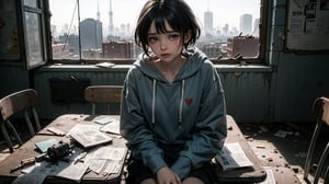 (masterpiece), best quality, high resolution, highly detailed, detailed background, perfect lighting,light blue eyes, medium breasts, cinematic, movie, The student council girl with glasses and short hair in a red hoodie crying (((sitting and crying inside an abandoned old school class table with broken windows looking outside at the distroyed abandoned soviet city))), minimal light, dark moody atmosphere, cinematic,urban, landscape, large view of the city in the background,