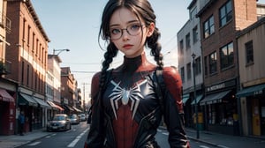 (masterpiece), best quality, high resolution, highly detailed, detailed background, perfect lighting,light blue eyes, medium breasts,cinematic, movie, The student council girl with glasses and twin braids on a city street at sunset ,Makeup,spider-man costume,urban techwear, landscape, wide angle photo