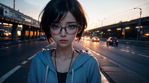 (masterpiece), best quality, high resolution, highly detailed, detailed background, perfect lighting,light blue eyes, medium breasts, cinematic, movie, The student council girl with glasses and short hair in a red hoodie crying (((on a highway in los angeles at night))), (((minimal light, dark moody atmosphere, cinematic,urban landscape))),Makeup