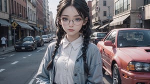 (masterpiece), best quality, high resolution, highly detailed, detailed background, perfect lighting,light blue eyes, medium breasts,cinematic, movie, The student council girl with glasses and twin braids beside her NISSAN 180SX on a city street,Makeup,spider-man costume,urban techwear