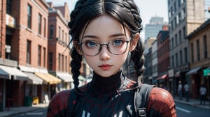 (masterpiece), best quality, high resolution, highly detailed, detailed background, perfect lighting,light blue eyes, medium breasts,cinematic, movie, The student council girl with glasses and twin braids, plain background, no background,Makeup,spider-man costume,urban techwear