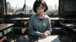 (masterpiece), best quality, high resolution, highly detailed, detailed background, perfect lighting,light blue eyes, medium breasts, cinematic, movie, The student council girl with glasses and short hair in a red hoodie (((sitting inside an abandoned old school class table with broken windows))), minimal light, dark moody atmosphere, cinematic,urban, landscape, large view of the city in the background,