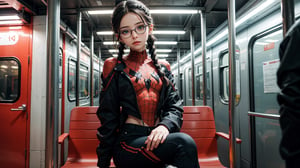 (masterpiece), best quality, high resolution, highly detailed, detailed background, perfect lighting,light blue eyes, medium breasts,cinematic, movie, The student council girl with glasses and twin braids sitting inside a new york city subway posing,Makeup,spider-man costume,urban techwear