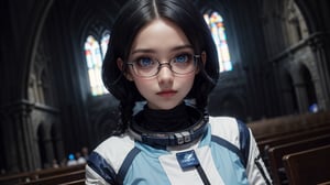 The student council girl with glasses, twin braids, dark hair, light blue eyes, medium breasts, {{{light blue eyes}}}, {{{big eyes}}}, (((inside a big dark old cathedral))) at night with many candles in the background, dramatic colors, (((dark atmosphere))) (((eyes details))), space_suit_cosplay_outfit, (((space suit costume))) ,photo of perfect eyes, (((wide angle)))