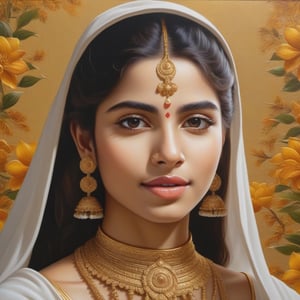 Realistic North Indian Women wearing only gold jewellery, Flower  Texture art Background on Oil Painting , 4K Quality, 8k ultra HD