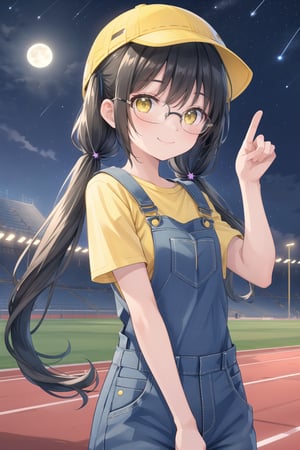 (female): solo, (perfect face), (detailed outfit), (18 years old), lovely female, happy, (small happy smile), black hair, partly dark green hair on twintails, long hair, dark brown eyes, small chest, tiny body, cute glasses, wearing bucket hat, yellow t-shirt,  (denim overalls),showing V sign,(the hair is tied in two separate long twintails), (background): from front, outdoor, (athletics stadium), (track), (bleachers), (sky), (stars), (moon), night, (clear) (effects): (masterpiece), (best quality), (sharp focus), (depth of field), (high res)