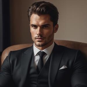 cinematic potrait of a handsome man in black suit, brown ruffle hair, , brown eyes, dominant, muscular, strong arms,room background , sitting on soffa in dominant style,textured face, brown colored eyes,  by Alexander Kanoldt, Artstation, cinematic  portrait r,  realistic - n 9, artist unknown, ann stokes, , sharpie, cinemtic look, grainy cinematic, fantasy vibes godlyphoto r3al, detailmaster2, aesthetic portrait, cinematic colors, earthy, moodygrainy cinematic, godlyphoto r3al, detailmaster2, aesthetic portrait, cinematic colors, earthy, moody 