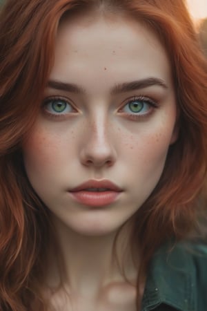 raw realistic potarait of beautiful girl, petite , beautiful midlong Hair so red and wavy falling just surrounding a circular face with softness, light freckles on her nose, naturally arched red eyebrows over 
bright green eyes that looked almost blue in some lights., indoor background , burning curtains in background 
grainy cinematic,  godlyphoto r3al,detailmaster2,aesthetic portrait, cinematic colors, earthy , moody,  look , grainy cinematic, fantasy vibes  godlyphoto r3al,detailmaster2,aesthetic portrait, cinematic colors, earthy , moody,  