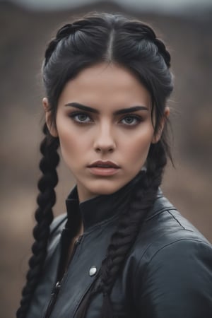 raw realistic potarait of beautiful young woman in black leather fighting clothes, beautiful dark doe eyes, beautiful face, perfect beautiful face, serious woman, black hair in long braid ,rocky background 
grainy cinematic,  godlyphoto , beautiful big eyes,((high cheekbones)))
r3al,detailmaster2,aesthetic portrait, cinematic colors, earthy , moody,  look , grainy cinematic, fantasy vibes  godlyphoto r3al,detailmaster2,aesthetic portrait, cinematic colors, earthy , moody,  