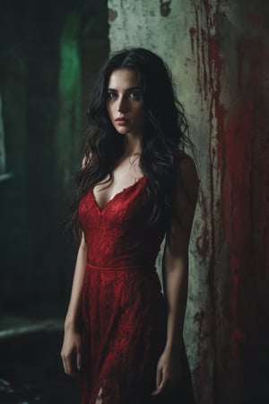 raw realistic cinematic potrait of beautiful girl in red  dress, black long wavy hair, light green eyes,,standing in dark room drenched in blood, lethal look, beauty, killing beautiful woman,  grainy cinematic, godlyphoto r3al, detailmaster2, aesthetic portrait, cinematic colors, earthy, moody