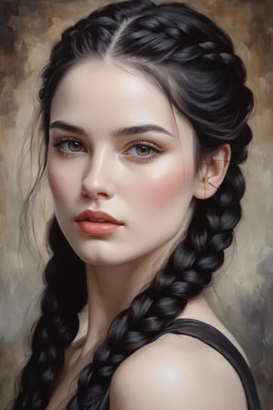 beautiful oil painting of a beautiful woman, pale skin, beautiful (( onyx black eyes )))))) long dark hair She has a straight nose, black hair that she braids over her shoulder. She keeps her hair braided over her shoulder and her eyes are slightly larger and cheekbones slightly higher
, wearing dark brown leather clothes clothes, beautiful perfect face, perfect body, Rocky background perfect beautiful face grainy cinematic, godlyphoto r3al, detailmaster2, aesthetic portrait, cinematic colors, earthy, moody