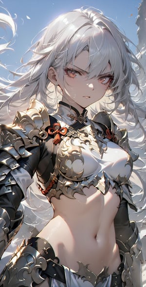 Girl, detailed composition, changes in light and shadow, half-length shot, fine silver hair, long silver hair, serious face, ferocious expression, medium chest, pure white carved armor, exposed navel, Chinese Mingguang armor, female general, war, battlefield, Bloody, Sunshine, Masterpiece, Best Quality, 8k, Rebellious Girl, Exquisite\(Armor\), Masterpiece, Pastel,Chinese_armor,MG_jixie