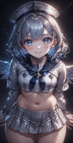 Ultra High Resolution, 8K, Masterpiece, Detailed Light and Shadow, Glowing Night Sky Stars, Night, 1 Girl, Solo, Staring at the Viewer, High Detailed Face, Silver High Detailed Shiny Eyes, Silver Shiny Detailed Hair , fair skin, sexy sailor suit, exposed navel, detailed wing hat, exquisite hair accessories, charming expression, exquisite facial features, beautiful appearance, smile, light lipstick, medium chest, perfect figure, student, short skirt, luminous in the dark, double hands behind back, starry sky background,