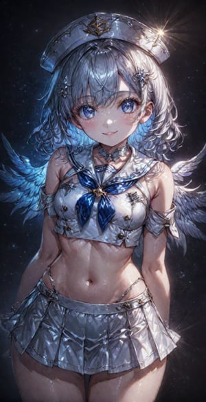 Ultra High Resolution, 8K, Masterpiece, Detailed Light and Shadow, Glowing Night Sky Stars, Night, 1 Girl, Solo, Staring at the Viewer, High Detailed Face, Silver High Detailed Shiny Eyes, Silver Shiny Detailed Hair , fair skin, sexy sailor suit, exposed navel, detailed wing hat, exquisite hair accessories, charming expression, exquisite facial features, beautiful appearance, smile, light lipstick, medium chest, perfect figure, student, short skirt, luminous in the dark, double hands behind back, starry sky background,