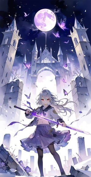 masterpiece, best, aesthetic, glowing sword, 1girl, girl, solo, sword holding, purple glowing sword, school uniform, student uniform, white hair, messy hair, exposed navel, purple skirt, red eyes, night, moon, ruins City, snow, purple flowers, purple magic butterfly, purple magic feather, beauty, watercolor \(center\), very detailed,watercolor \(medium\)