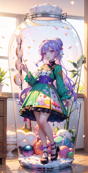 (, Xiuxian, {{white-skinned girl}}, Xiuxian chivalrous girl, white clothes with a touch of green, emerald green patterns, double buns, charming erotic eyes, long blue-purple sparkling gradient hair, exaggerated long hair,, medium chest,, masterpiece HD, 8k, rainbow, heart-shaped, pastel, crystal, halo, colorful, doll, pink, purple, blue)))
((sun))
((There are lots of dolls everywhere))
((background, outdoors, cherry blossom trees, lake, flowers, hyacinths, forest, snow, snowing, snowflakes, ice))
((Relaxing atmosphere))
(fluffy, soft, light, bright, sparkling, twinkling, cute, pink, purple, blue, clouds, pastel, light, glitter, happy, normal pupils)
Best quality, masterpiece, Detailedface, high resolution 8K, candyland, full background, candy, candy, lollipop, chocolate, ice cream, swirl lollipop, strawberry, ice cream, donut, cake, cupcake, balloon, chocolate bar, foam, cream, whipped cream, dessert, pastry, candy wrapper, icing, tea cup, confetti, marshmallow, jar, masterpiece