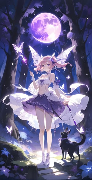 masterpiece, best, aesthetic, glowing wand, 1girl, solo, seve, wand holding, purple glowing wand, tarot cards, dark magical girl, 20 something woman, standing, pink hair, twintail hair, purple &amp; White clothes, exposed navel, purple skirt, magical girl, purple eyes, night, blue moon, glowing forest, purple flowers, purple magic butterfly, beauty, watercolor \(center\), very detailed,glitter,shiny,black and white,scenery