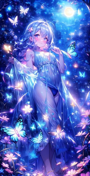 masterpiece, best quality, daytime, masterpiece, best quality, official art, extremely detailed CG uniform 8k wallpaper, night, starry sky, moonlight, moon, mature woman, camera view from below, light blue hair, Pink hair, colored undercoat, long curly hair, seductive smile, blush, sparkling eyes, medium chest, {{{{tight-fitting evening gown filled with blue starry galaxy shimmering}}}, lots of glowing butterfly, {{open breasts}}, {{showing a little underwear}}, park, comics, too ridiculous, unreal, wallpaper, light, photo, album, reality,1boy