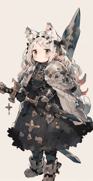 cute knight, 1girl, weapon, sword, animal ears, tail, holding, holding weapon, solo, holding sword, fur decoration, blush sticker, hair bow, animal ear fluff, cat tail, standing, cat ears, White hair, full body, sparkling, golden cloak, long hair, knight armor, dress, black bow, simple background, masterpiece, best quality, aesthetic