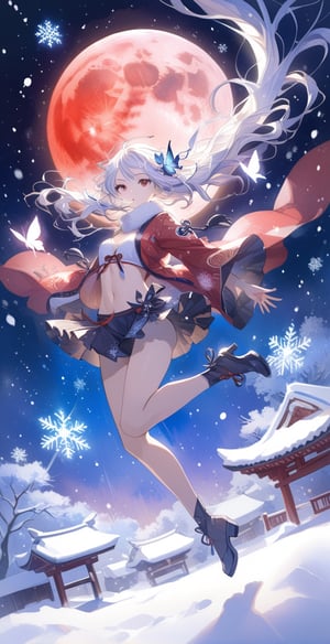 , masterpiece, boutique, aesthetic, 1girl, solo, cultivation, martial arts, fairy spirit, sexy short robe, 20-year-old woman, floating in the air, floating on tiptoes, flying, in the air, white hair, flying long hair, Navel exposed, short skirt, red eyes, night, red moon, snow, falling snow, snow crystals, milky way background, butterfly hair accessories, beautiful woman, watercolor background\(center\), very detailed,scenery