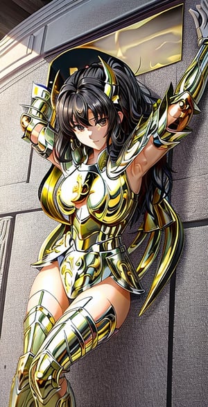Photos, masterpieces, high details 8K, photography, best surreal quality, light and shadow, sunny days, mature women wearing exquisite and beautiful sexy armor, smooth and shiny black hair, Roman columns, very good body , Sexy, meticulous composition, combat posture, and a meticulous pair of wings, gold armor,Sagittariusarmor