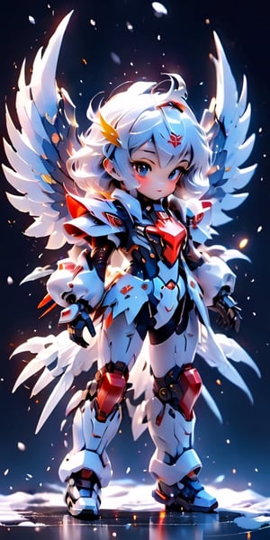 Girl with mechanical huge wings, mechanical wings, tight suit, angel feathers, snowflakes, snow white, and from the 1980s anime series G Force, surreal sweet girl with huge mechanical gems, holographic, hologram texture, wlop style , space, angel gundam, hdsrmr, fire element