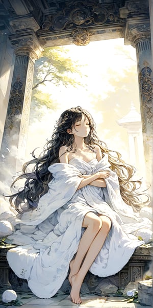 8k,HD,High resolution,A figure lay in a warm shelter. She was dressed in a white fluffy cotton towel clothing, with a comfortable and pure essence wrapped around her body. The sleeveless and strapless design highlights the natural elegance of the characters, allowing movements and emotions to flow freely. A pure white towel delicately wraps around the character's body, forming a tight silhouette that highlights the revival of simplicity and elegance. The soft and thick fabric, paired with fluffy trim, exudes a luxurious and soft feeling. The exposed shoulders and arms embrace a antique and heavy sword set with gemstones, and the knees protrude from the folds of the towel, interweaving fragility and strength at a glance. The character lies barefoot, connected to the earth in the dance of light and shadow, with the surrounding light caressing her skin, creating a warm and comfortable aura. The subtle changes in shadows and highlights add depth, as she is housed in a magnificent lacquered box adorned with intricate floral patterns. As this painting stands in this temple filled with brightness and comfort,