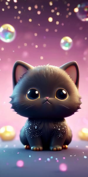 ((Cut Toy), (3D Black Kitten)) Close-up angle surrounded by glittering dream bubbles, animals, detailed focus, fat highlighting kittens, deep bokeh, beautiful, dark cosmic background. Visually pleasing, 3D, more details XL, Chibi,kawaiitech