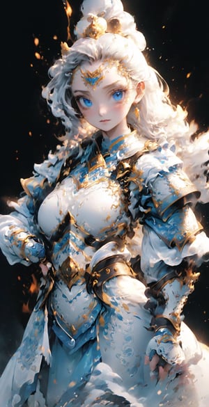 masterpiece, best quality, 8k, photo, master quality, highres, 1girl hairband headdress, blue eyes, beautiful delicate eyes, delicate face, smooth and beautiful hair color, delicate and beautiful sexy white armor, shoulder white armor , cloak, white gloves, white pantyhose, white stockings, sexy posture, magic circle, good figure, medium chest, smile,girl,UNDER_69,liquid clothes,Leoarmor,Chinese_armor,ice