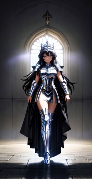 photo, masterpiece, highly detailed 8k, photography, best surreal quality, volumetric lighting and shadows, young woman wearing holy cloth sacred armor, smooth shiny black long hair, roman sanctuary, very good figure, holy cloth sacred armor,saint_cloth divine_armor,xxshiryudragonxx,zzhyogacygnuszz in armor