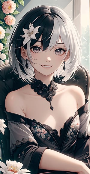 Looking at the audience, masterpiece, soft lighting, black hair mixed with white hair, black hair with white highlights, open top, exposed shoulders, 1girl, silver eyes, gauze, evil smile, showing small canine teeth, upper body, Closed mouth, flowers, female focus, solo focus, sitting on chair, \(flower\),light