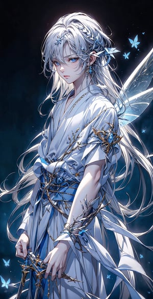 Best, 8k, CG, 1 boy, blue eyes, front face, blue and white clothes, long white hair parted in the middle, fairy spirit, fairy sword, cultivating immortality, calmness, handsomeness, masterpiece