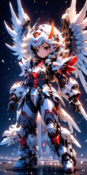 Girl with mechanical huge wings, mechanical wings, tight suit, angel feathers, snowflakes, snow white, and from the 1980s anime series G Force, surreal sweet girl with huge mechanical gems, holographic, hologram texture, wlop style , space, angel gundam, hdsrmr, fire element,mecha