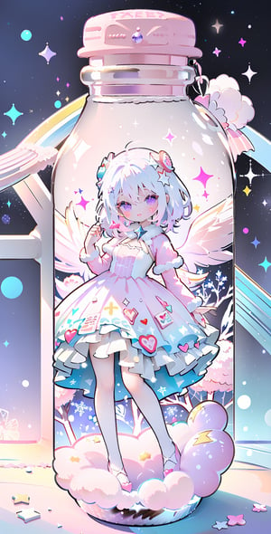 ((((1girl, bright white hair, long hair, purple eyes, pale skin, lolita dress, white dress, short dress, white thigh stockings, small breasts, pale skin, soft skin, rainbow, hearts, pastel, crystals, halo, colorful, doll, pink, purple, blue))))
((sun))
((lots of dolls everywhere))
((background, outside, sakura trees, lake, flowers, Hyacinths, forest, snow, snowing, snowflake, ice))
((light atmosphere))
(fluffy, soft, light, bright, sparkles, twinkle, cute, pink, purple, blue, clouds, pastel, light colors, glitter, happy, normal pupil)
best quality, masterpiece, Detailedface, high_res 8K, candyland, full background, candy, sweets, lollipop, chocolate, ice cream, swirl lollipop, strawberry, ice cream, doughnut, cake, cupcake, balloon, chocolate bar, bubble, cream, whipped cream, dessert, pastry, candy wrapper, icing, teacup, confetti, cotton candy, JAR