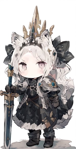 cute knight, 1girl, weapon, sword, animal ears, tail, holding, holding weapon, solo, holding sword, fur decoration, blush sticker, hair bow, animal ear fluff, cat tail, standing, cat ears, White hair, full body, sparkling, golden cloak, long hair, knight armor, dress, black bow, simple background, masterpiece, best quality, aesthetic,princess,black and white