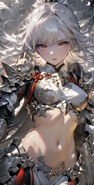 Girl, detailed composition, changes in light and shadow, half-length shot, fine silver hair, long silver hair, serious face, ferocious expression, medium chest, pure white carved armor, exposed navel, Chinese Mingguang armor, female general, war, battlefield, Bloody, Sunshine, Masterpiece, Best Quality, 8k, Rebellious Girl, Exquisite\(Armor\), Masterpiece, Pastel,Chinese_armor,MG_jixie