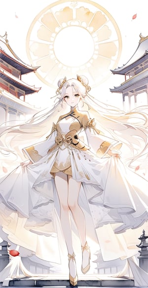 Black and white sketch, black and white ink, light skin tone masterpiece, fine beauty 1girl solo, domineering 20-year-old woman queen, sexy and domineering, golden clothes floating on high platform, outdoor palace, standing on tiptoes, Chinese imperial palace, Chinese golden palace, white hair, bun, long hair, elegant temperament , beautiful eyes, looking at the audience, focusing on the close-up of the characters, many petals, flowing light, majesty, beautiful hair accessories, simple background, steady beauty, watercolor background\(center\), very detailed, watercolor\(center\)