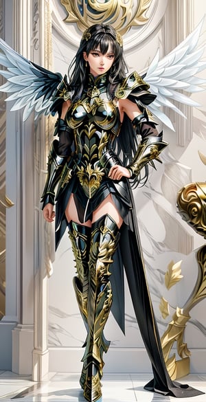 Photos, masterpieces, high details 8K, photography, best surreal quality, light and shadow, sunny days, mature women wearing exquisite and beautiful sexy armor, smooth and shiny black hair, Roman columns, very good body , Sexy, meticulous composition, combat posture, and a meticulous pair of wings, gold armor,Sagittariusarmor,marb1e4rmor