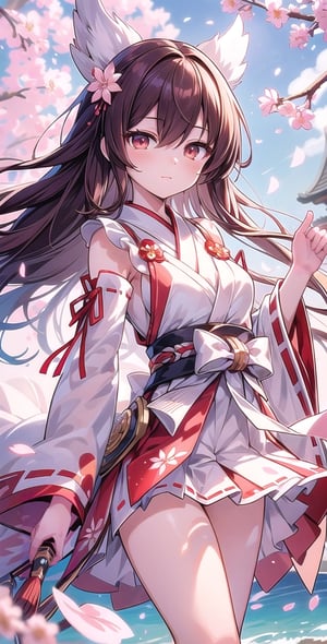 Vibrant Colors, Amaterasu, Female, Masterpiece, Sharp Focus, Best Quality, Depth of Field, Light Fall, Detailed Light and Shadow, ((, a woman)), (Illustration, 8k CG, Extremely Detailed), Masterpiece, Super Detailed, Looking at the audience, hair browsing the sea, brown hair, miko costume with long sleeves, red and white bodice with flowers, miko sundress sacred, hair over one eye, full of cherry blossom petals, red and white short skirt fluttering, white lace string panties, sunshine The sunny petals of cherry blossoms fly in the wind,