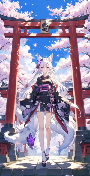 Black and white line drawing, 8k high resolution, ultra-high resolution image quality, masterpiece, boutique, aesthetic, 1girl, demon fox, fox ears, fox fairy, butterfly hair accessory, plush fox tail, white hair translucent, kimono with blooming cherry blossom pattern , standing on tiptoes, purple eyes, cherry blossoms, glowing points of light, huge torii shrine, simple watercolor background, very detailed,