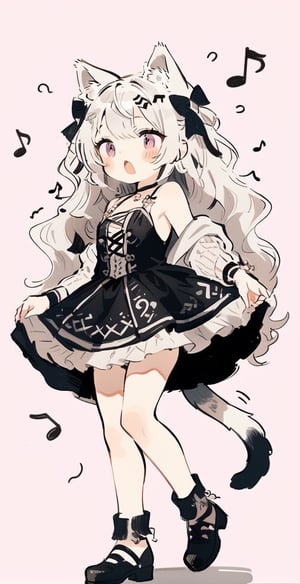 cute,1girl,dancer,animal ears,tail,holding,dancing,solo,dancer decoration,blush stickers,hair bow,animal ear fluff,cat tail,sexy bikini style silk dress,cat ears,white hair,full body , eyes sparkling, open mouth, sparkling, long hair, few clothes, musical notes, musical symbols, simple background, masterpiece, best quality, aesthetic
