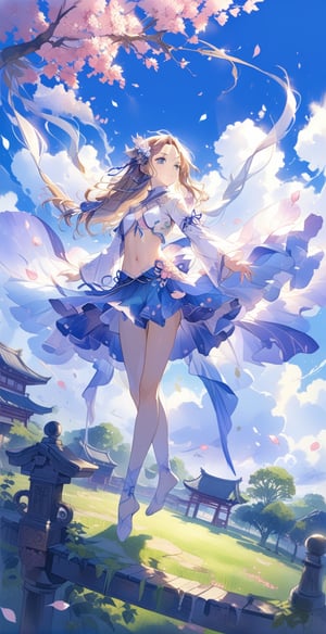 , masterpiece, boutique, aesthetic, 1girl, solo, cultivation, martial arts, fairy spirit, sexy, 20-year-old woman, floating in the air, standing on tiptoes, flying, in the air, brown hair, flying long hair, exposed navel, short skirt, Blue eyes, clear sky, light shining on the earth, petals, falling petals, leaves, blue sky and white clouds background, flower hair accessories, beauty, watercolor background\(center\), very detailed