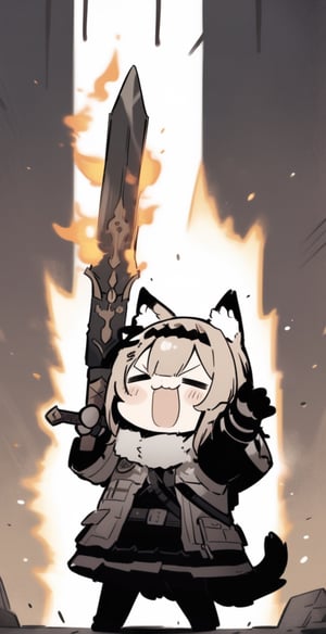 cute knight, 1girl, weapon, sword, :3, holding sword, eyes closed, open clothes, jacket armor, open jacket, solo, flaming weapon, animal ear fluff, tail, =_=, facing the audience, Zhang Open mouth, belt, cat ears, howl, raised arms, comic style effects, accent lines,
Masterpiece, best quality, aesthetic, 8k, high resolution,