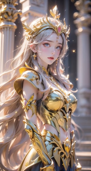 Pisces, the twelve golden saints, the whole body. defensive pose, female, girl, medium bust, prominent breasts, sexy, (Masterpiece: 1.0), (Best Quality: 1.0), (Ultra High Resolution: 1.0), (8k Resolution: 1.0), (Realistic: 1.0 ), (Super Detailed 1:0), Photography, Kodak Portra 400, Background Blur, Vivid Colors, Bokeh, Lens Flare, ((Perfect Hands)), (((Perfect Arms)), (Perfect face), {{perfect anatomy}}, (Guido Daniel's hands), wide angle shot, small hands, long fingers, Greek temple, very detailed background, 1 woman in golden armor, golden armor, solo, Long hair, dark eyes, looking at viewer, face in focus, detailed face, bright colors, symmetrical eyes, visible lips, standing, (upper body: 1.2), epaulettes, golden armor, helmet, armor, gold armor