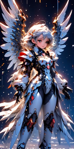 Girl with mechanical huge wings, mechanical wings, tight suit, angel feathers, snowflakes, snow white, and from the 1980s anime series G Force, surreal sweet girl with huge mechanical gems, holographic, hologram texture, wlop style , space, angel gundam, hdsrmr, fire element,mecha