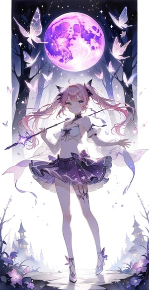 masterpiece, best, aesthetic, glowing wand, 1girl, solo, seve, wand holding, purple glowing wand, tarot cards, dark magical girl, 20 something woman, standing, pink hair, twintail hair, purple &amp; White clothes, exposed navel, purple skirt, magical girl, purple eyes, night, blue moon, glowing forest, purple flowers, purple magic butterfly, beauty, watercolor \(center\), very detailed,glitter,shiny