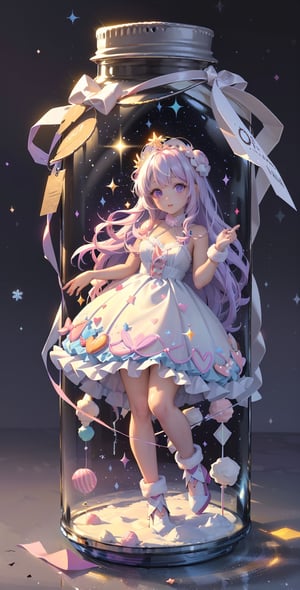 ((((1girl, bright white hair, long hair, purple eyes, pale skin, lolita dress, white dress, short dress, white thigh stockings, small breasts, pale skin, soft skin, rainbow, hearts, pastel, crystals, halo, colorful, doll, pink, purple, blue))))
((sun))
((lots of dolls everywhere))
((background, outside, sakura trees, lake, flowers, Hyacinths, forest, snow, snowing, snowflake, ice))
((light atmosphere))
(fluffy, soft, light, bright, sparkles, twinkle, cute, pink, purple, blue, clouds, pastel, light colors, glitter, happy, normal pupil)
best quality, masterpiece, Detailedface, high_res 8K, candyland, full background, candy, sweets, lollipop, chocolate, ice cream, swirl lollipop, strawberry, ice cream, doughnut, cake, cupcake, balloon, chocolate bar, bubble, cream, whipped cream, dessert, pastry, candy wrapper, icing, teacup, confetti, cotton candy, JAR,masterpiece