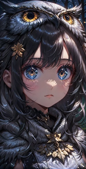 Ultra high resolution, 4K, masterpiece, soft light and shadow, night sky, night, looking into the distance, 1 girl, solo, high detail face, silver color high detail shiny eyes, black shiny fine hair, fair skin, sexy and delicate adventurer costume, detailed owl hood, delicate maple leaf hair accessory, colorful hair, long hair, charming eyes, exquisite facial features, beautiful appearance, forest background, depth of field,