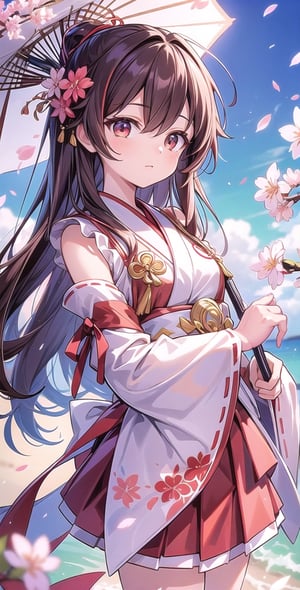 Vibrant Colors, Female, Masterpiece, Sharp Focus, Best Quality, Depth of Field, Cinematic Lights, ((, a woman)), (Illustration, 8k CG, Extremely Detailed), Masterpiece, Super Detailed, Looking at the Viewer, Hair Browsing Sea, brown hair, miko costume with long sleeves, red and white upper body flowers, miko Japanese skirt, sacred, hair past one eye, full of cherry blossom petals, red and white short skirt flying, sunshine, cherry blossoms, sunshine, petals flying in the wind,