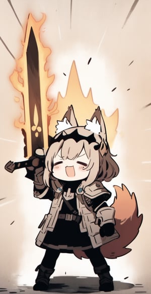 cute knight, 1girl, weapon, sword, :3, holding sword, closed eyes, jacket armor, flaming weapon, animal ear fluff, tail, =_=, facing viewer, closed mouth, belt, fox ears,  howl, arms up, emphasis lines, 
masterpiece, best quality, aesthetic